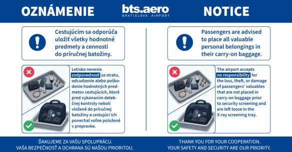 Upozorňujeme cestujúcich: Cenné predmety nepatria do podanej batožiny